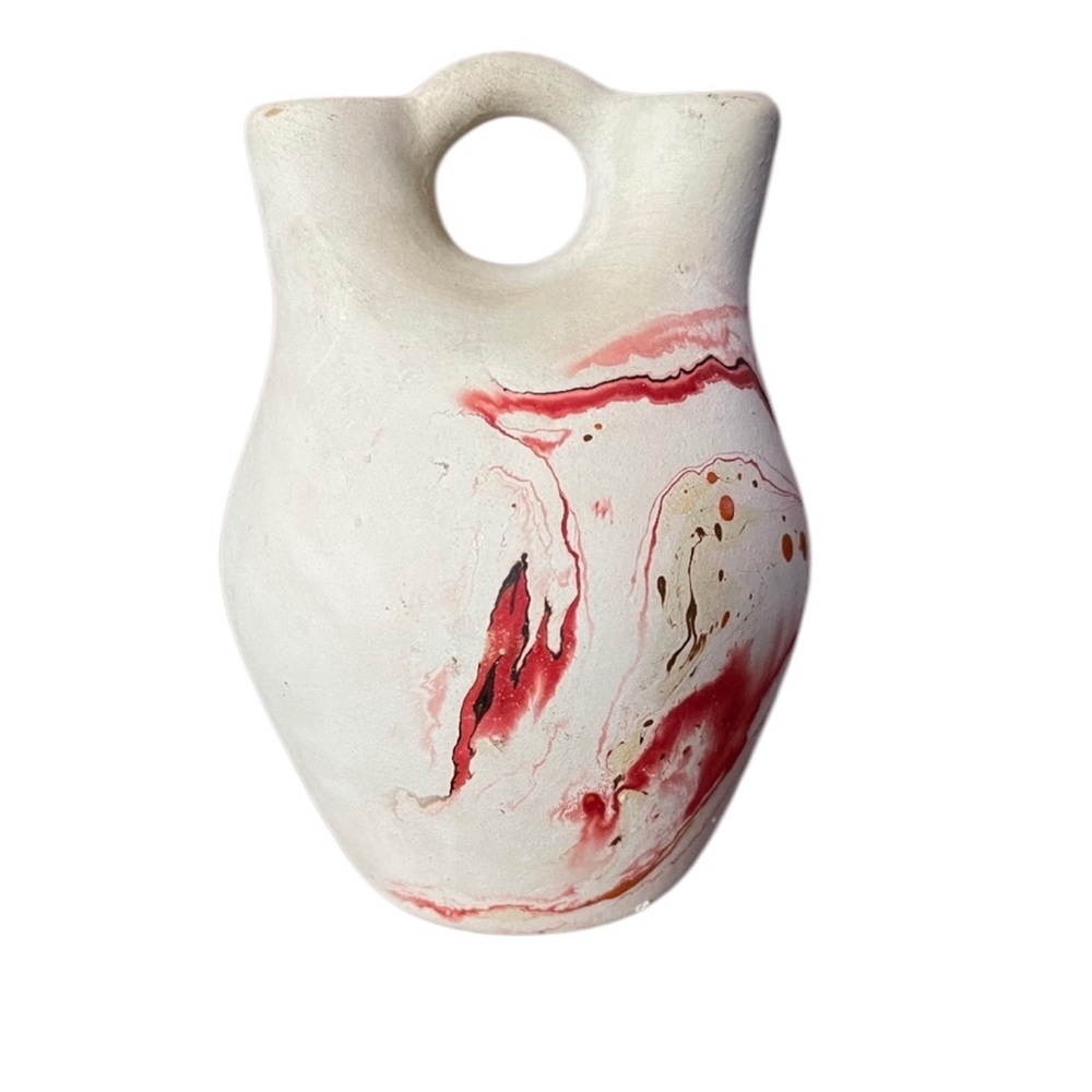 Vintage Nemadji Art Pottery Double Spout Wedding Vessel Vase Cream with Red